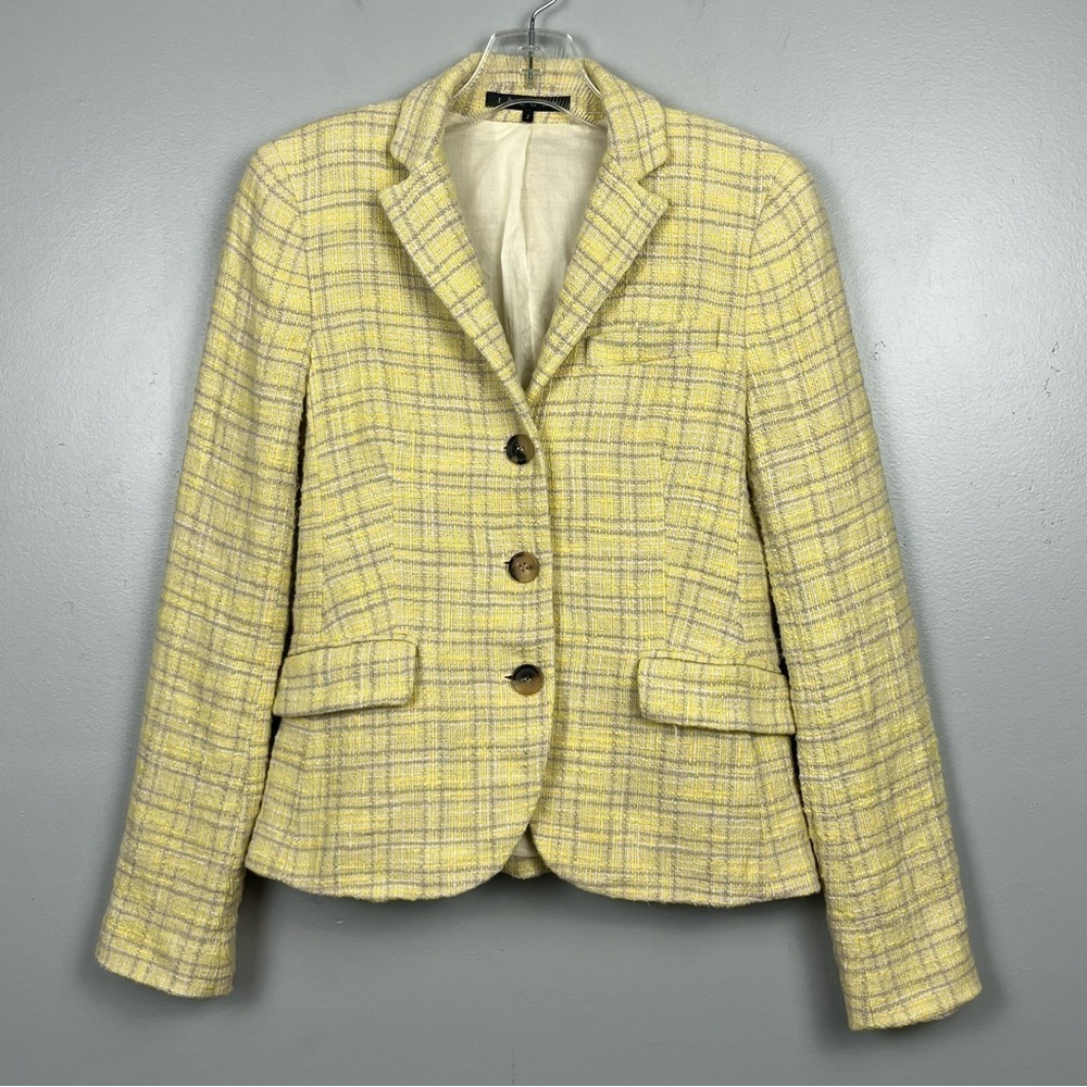 Theory yellow plaid tweed 3 button structured blazer jacket, size 2.